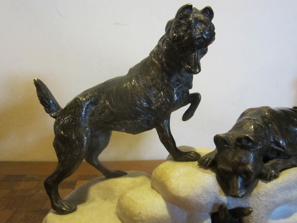 antique animal bronze: 2 hunting dogs, flushing out a rabbit in hiding, by Alphonse-Alexandre Arson, (1822 - 1895)