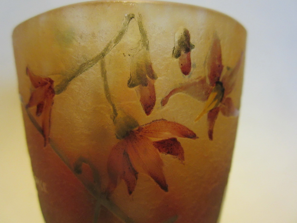 Fabulous antique art nouveau acid etched DAUM NANCY cameo glass tumbler with exotic flower decoration.
