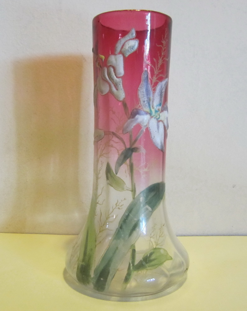 beautiful Legras/Montjoye vases, enameled decor with irises. H 20 cm, ca 1910  