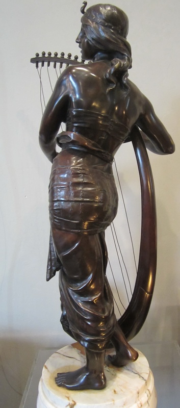 French bronze "Tahoser" by George COUDRAY , Egyptian lady playing the harp. ca 1895. Height 80 cm