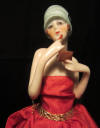 Rare beautiful art deco garconne w legs, with lipstick, cloche hat,total height 7,1 " Hertwig & Co ? antique half doll, flapper era; ca 1920