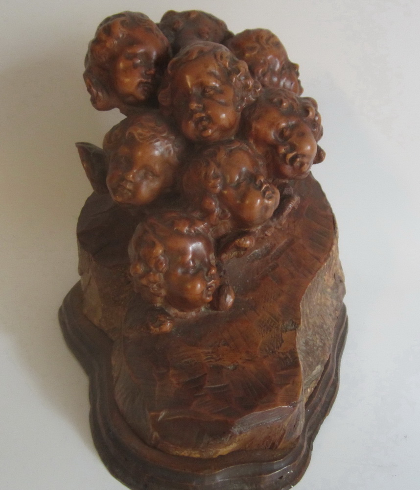 Antique Prof. Herman Steiner wooden sculpture, wood carving with angel heads, 1923  