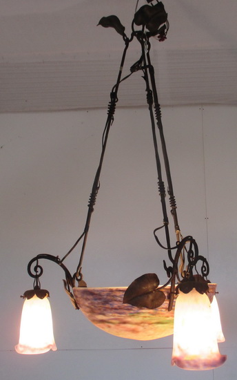 art deco wrought iron Muller Frres chandelier with pate de verre bowl & three shades.