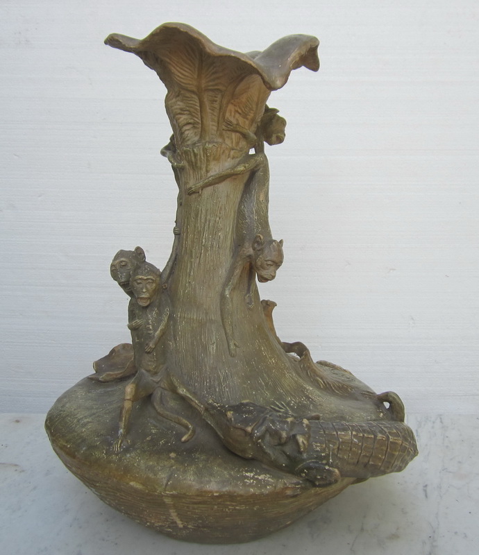 Gorgeous terra cotta art nouveau vase with 4 monkeys, being attacked by a crocodile! Austrian,