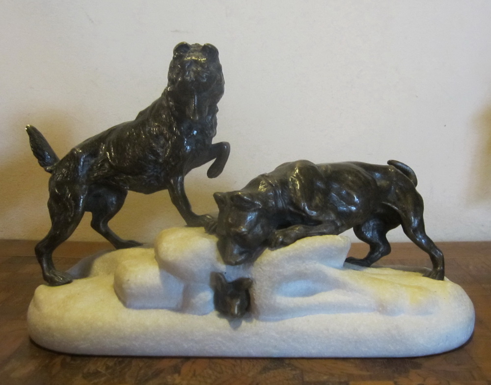 antique animal bronze: 2 hunting dogs, flushing out a rabbit in hiding, by Alphonse-Alexandre Arson, (1822 - 1895)