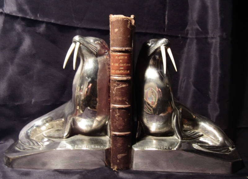 art deco silver plated BRONZE book ends: walruses, LAURENT, ca 1925