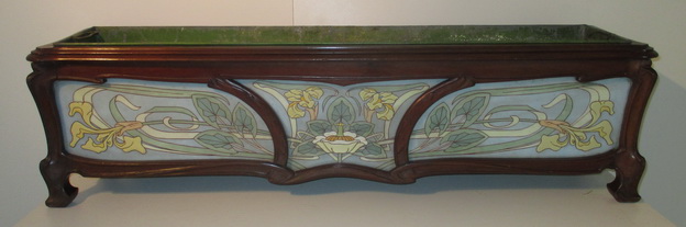Big art nouveau flower pot, jardiniere, mahogany opaline glass 