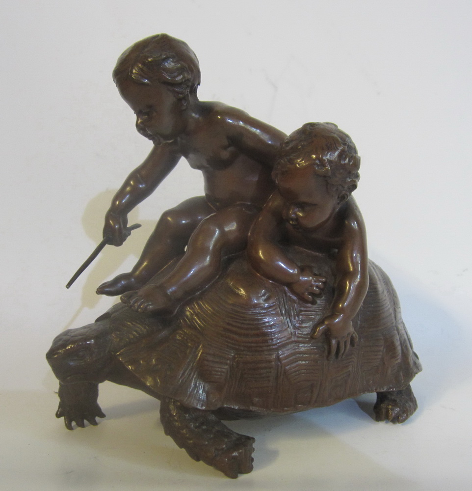 Antique bronze by Ernest Barrias: 2 boys on turtle 