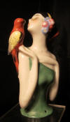 Art deco porcelain lady w parrot, big half doll, pincushion dol