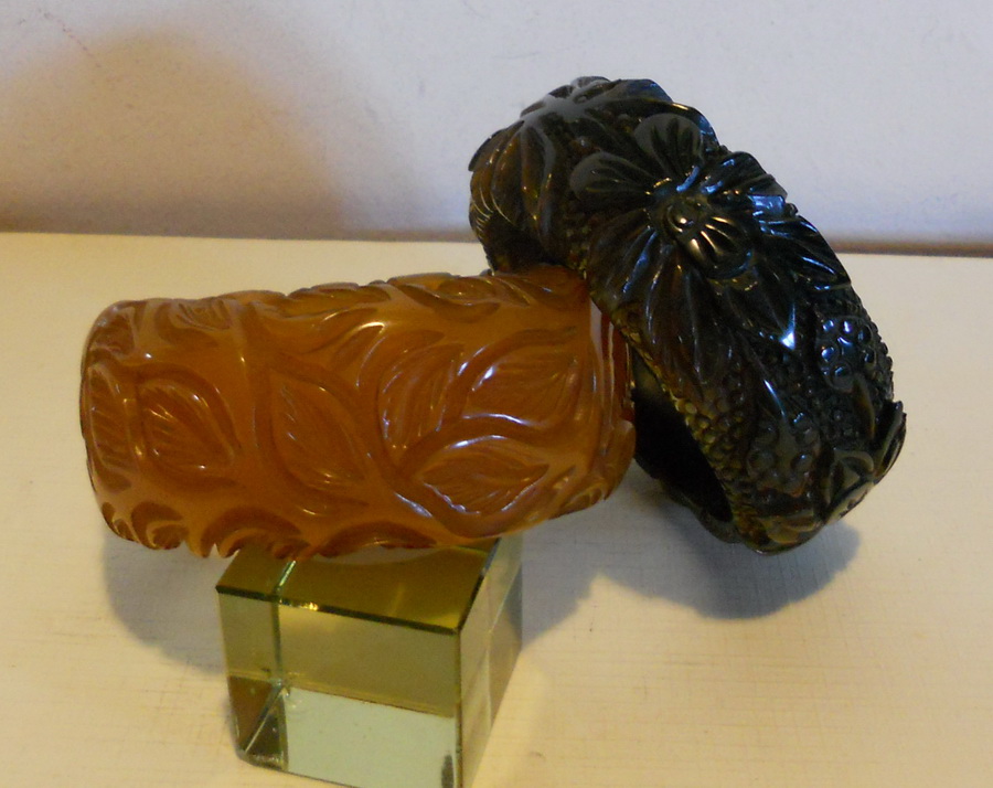 chunky, deeply carved bakelite bracelets.