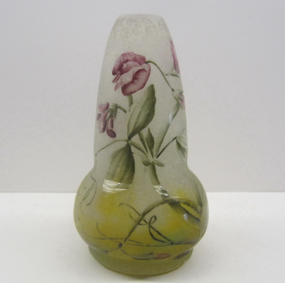 art nouveau mini DAUM NANCY enameled sweet peas vase