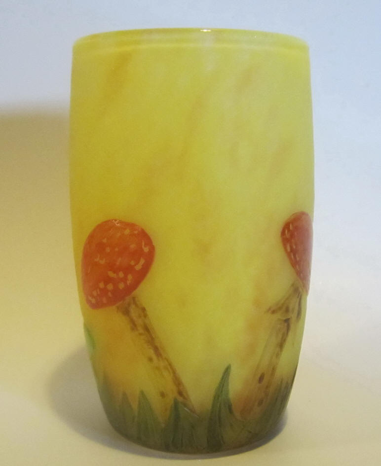 Rare art nouveau acid etched and carved DAUM NANCY cameo glass vase with mushroom decoration.  