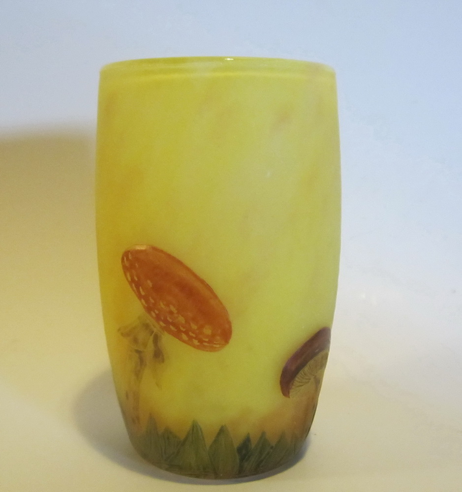 Rare art nouveau acid etched and carved DAUM NANCY cameo glass vase with mushroom decoration.  