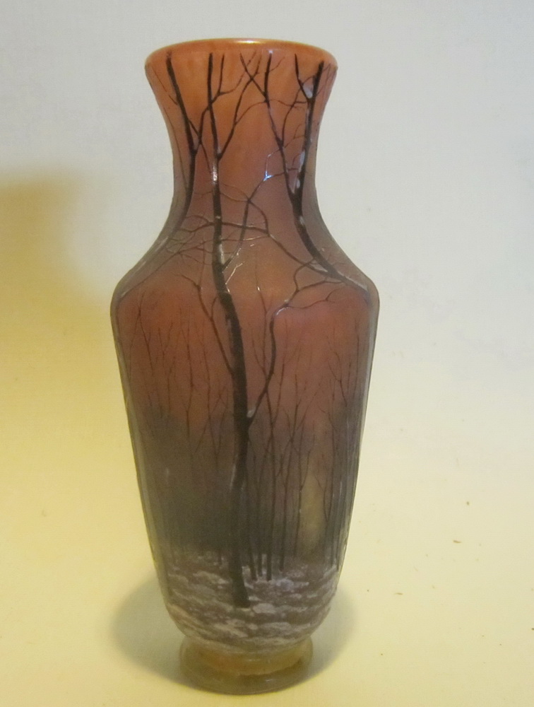art nouveau acid etched DAUM NANCY cameo glass vase with winter snow decoration