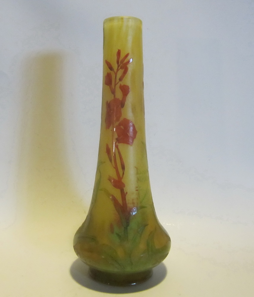 Daum Nancy vase with pretty red flowers and green leaves,