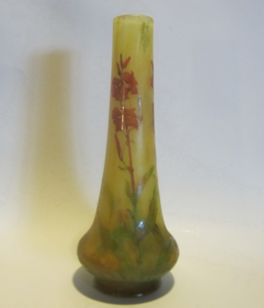 Daum Nancy vase with pretty red flowers and green leaves,