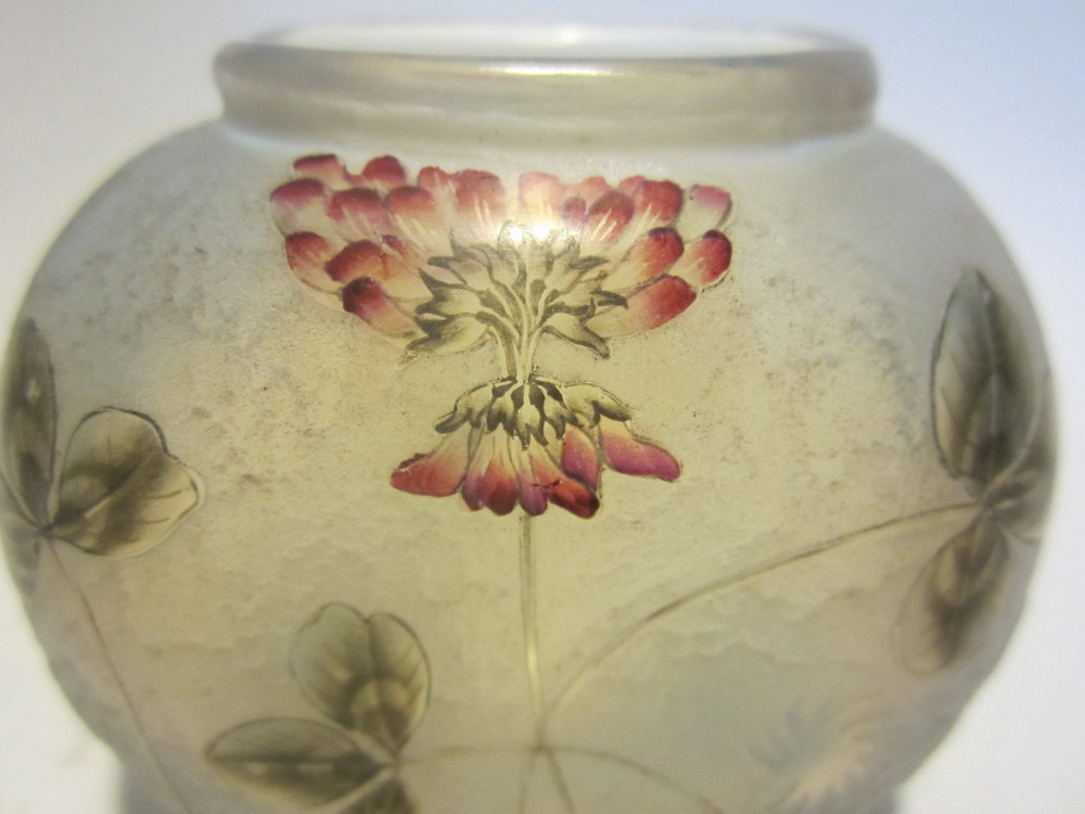 miniature Daum Nancy cameo glass vase with flowers and clover,
