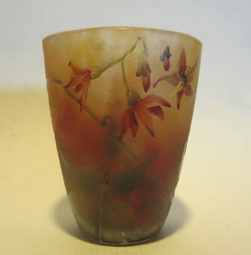 Fabulous antique art nouveau acid etched DAUM NANCY cameo glass tumbler with exotic flower decoration.