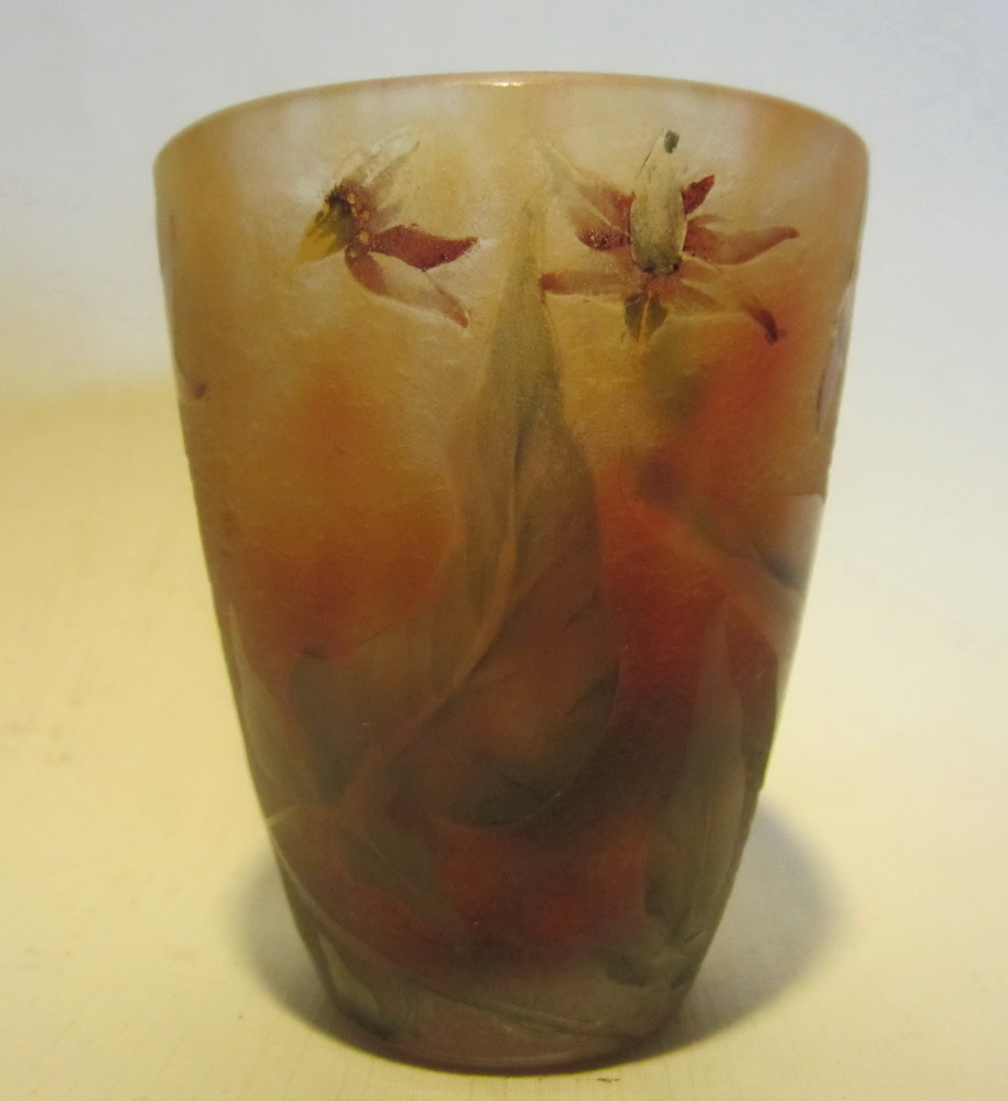 Fabulous antique art nouveau acid etched DAUM NANCY cameo glass tumbler with exotic flower decoration.