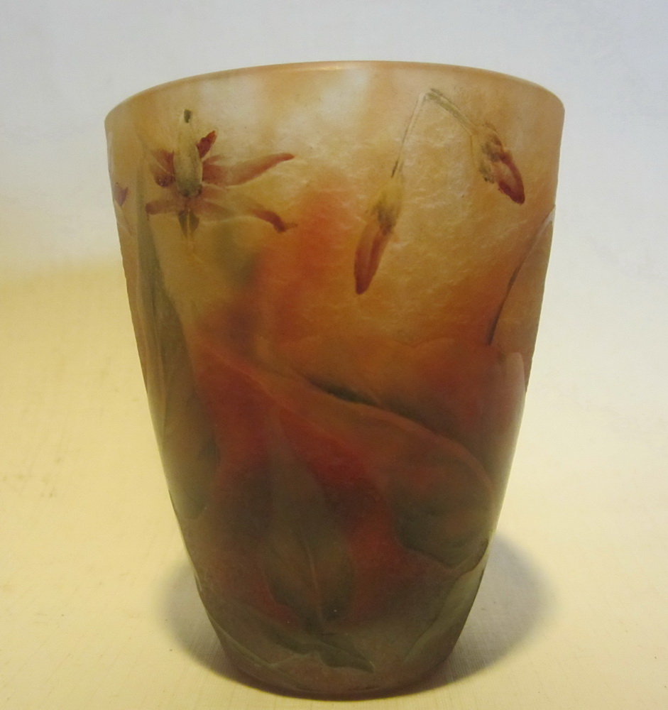 Fabulous antique art nouveau acid etched DAUM NANCY cameo glass tumbler with exotic flower decoration.