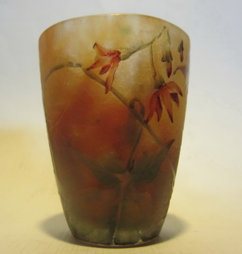 Fabulous antique art nouveau acid etched DAUM NANCY cameo glass tumbler with exotic flower decoration.