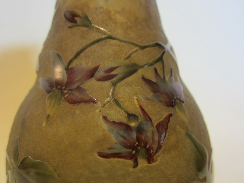 acid etched DAUM NANCY cameo glass vase with exotic flower decoration