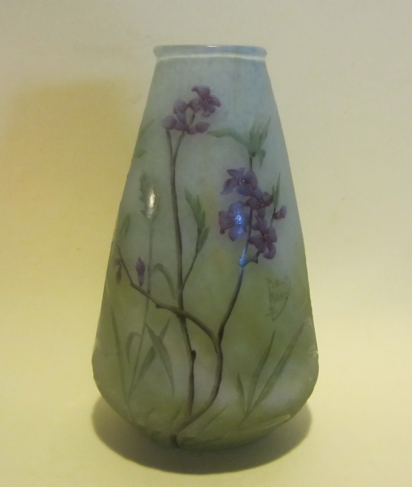 antique art nouveau acid etched DAUM NANCY cameo glass vase with delicate African violets