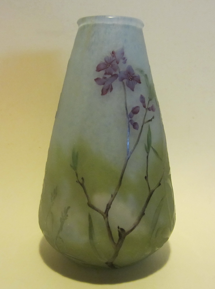 antique art nouveau acid etched DAUM NANCY cameo glass vase with delicate African violets