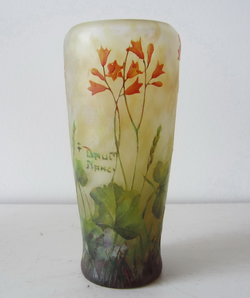 antique acid-etched and enameled Daum Nancy vase with pretty red bell flowers