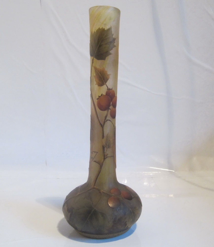 acid-etched and enameled Daum Nancy vase with gorgeous rose hip decoration