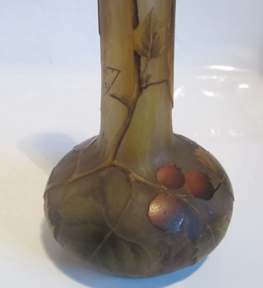 acid-etched and enameled Daum Nancy vase with gorgeous rose hip decoration