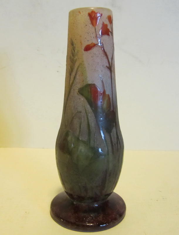 antique art nouveau acid etched DAUM NANCY cameo glass vase with bell-flower decoration1910 - 1920
