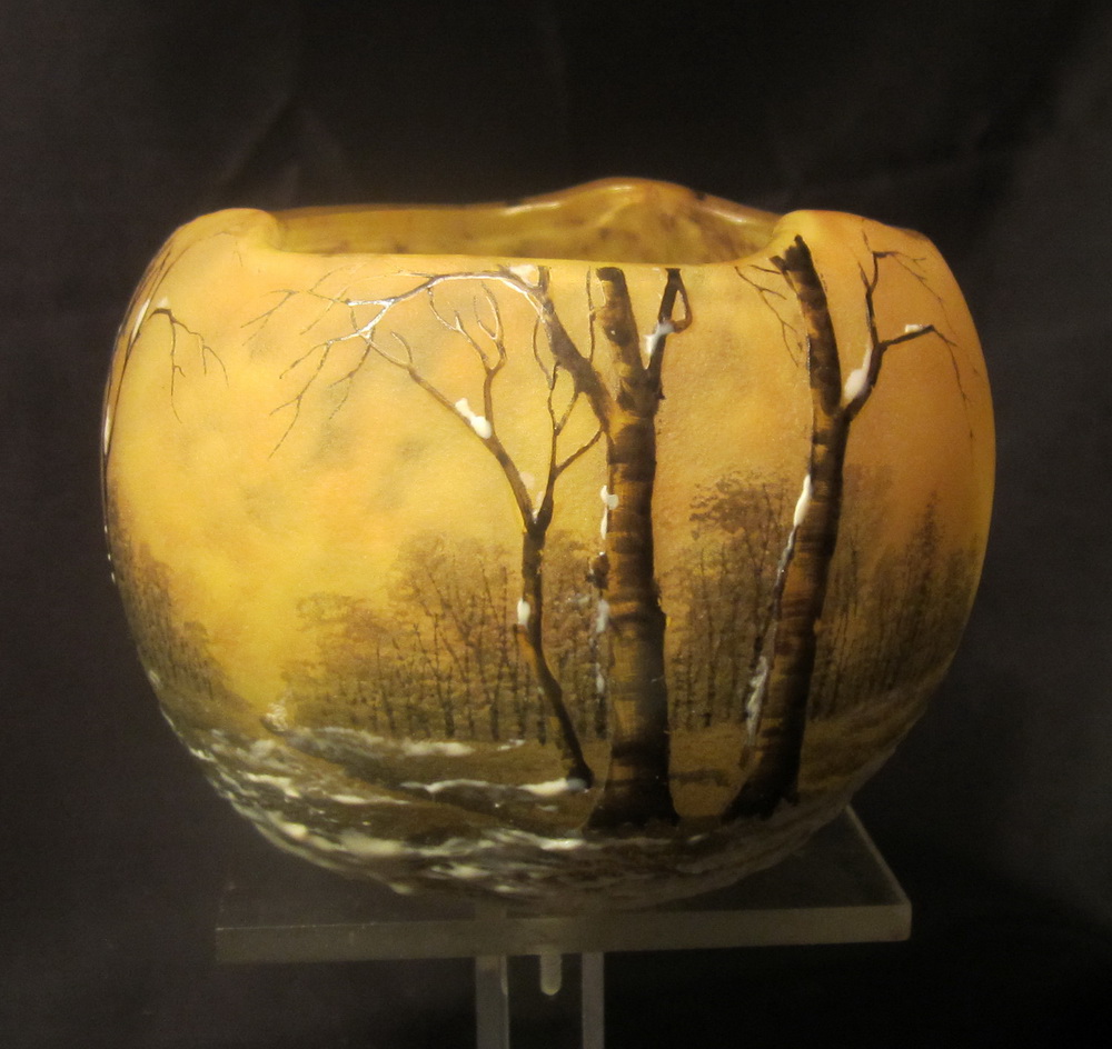 Daum Nancy bowl with acid etched and enamelled winter snow landscape.