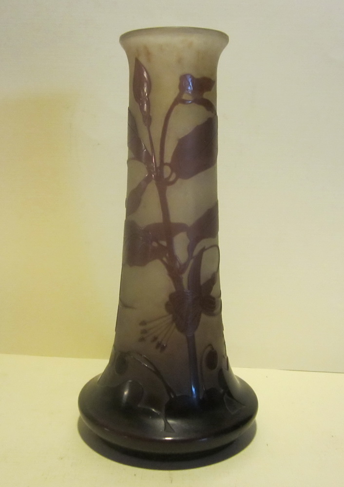 cameo glass Gallé vase with fuchsia flowers