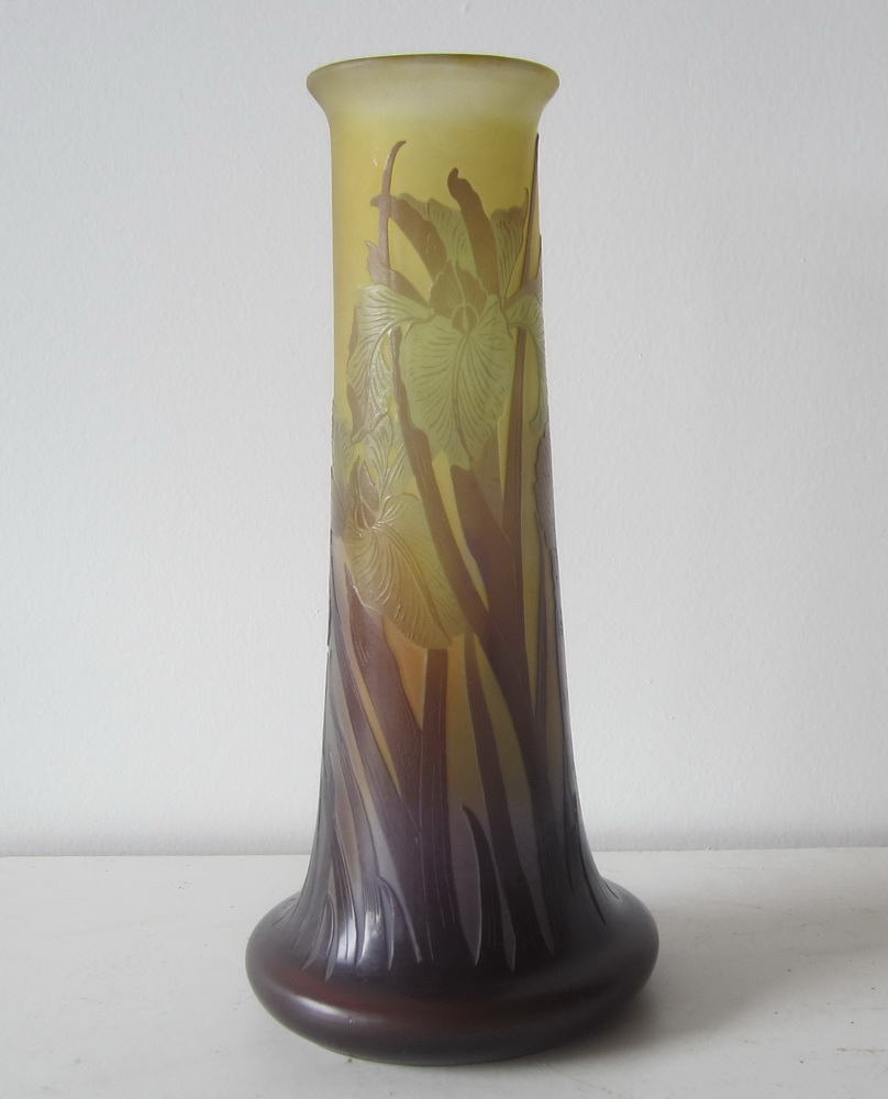  antique acid etched Emile Gall vase in pate de verre glass. Decoration of iris.