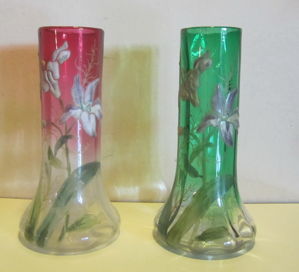 beautiful Legras/Montjoye vases, enameled decor with irises. H 20 cm, ca 1910  