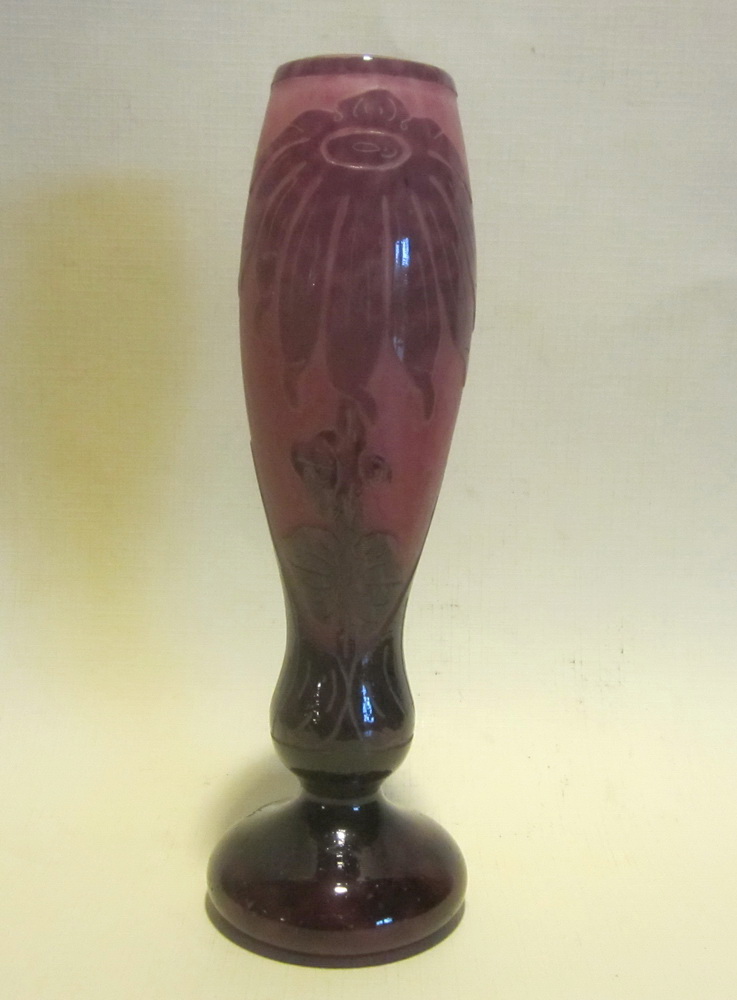 mall sized art nouveau / art deco acid etched cameo glass vase, pink glass overlaid with violet. Acid etched pattern of dahlias.by Charles Schneider,