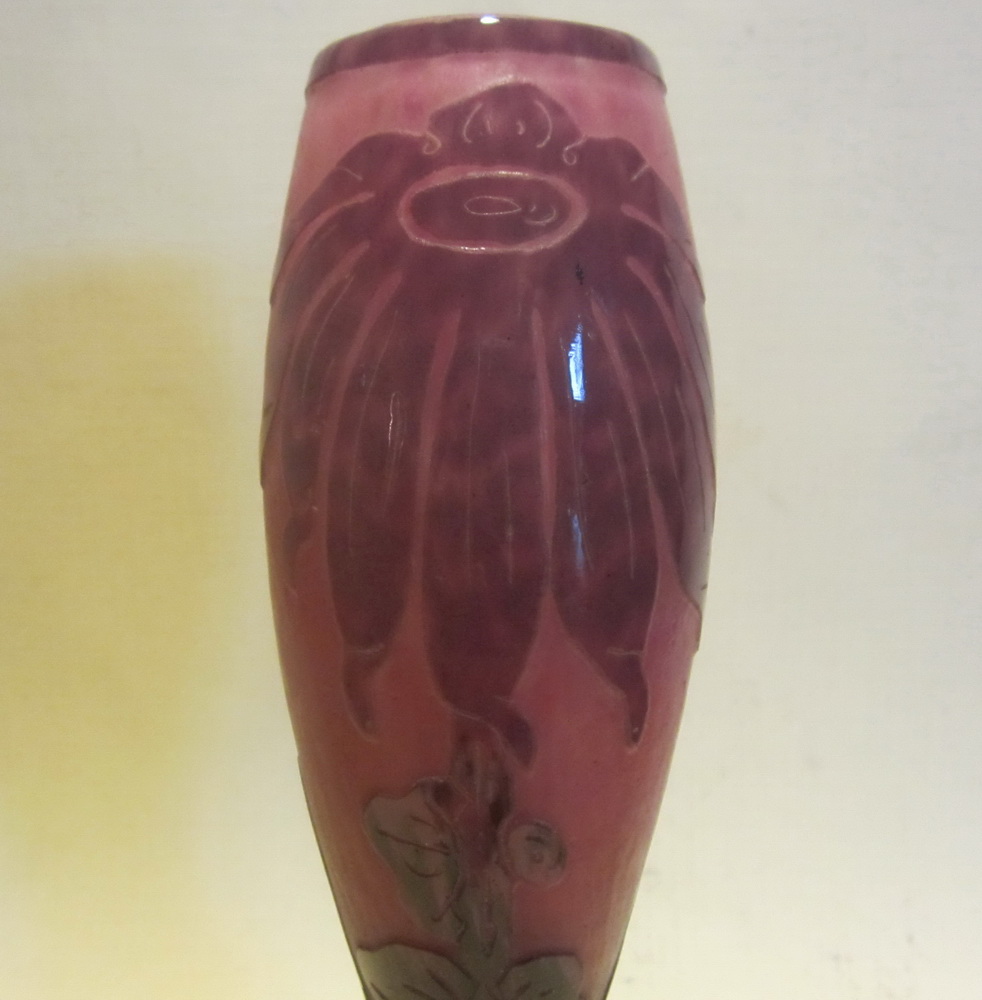 mall sized art nouveau / art deco acid etched cameo glass vase, pink glass overlaid with violet. Acid etched pattern of dahlias.by Charles Schneider,