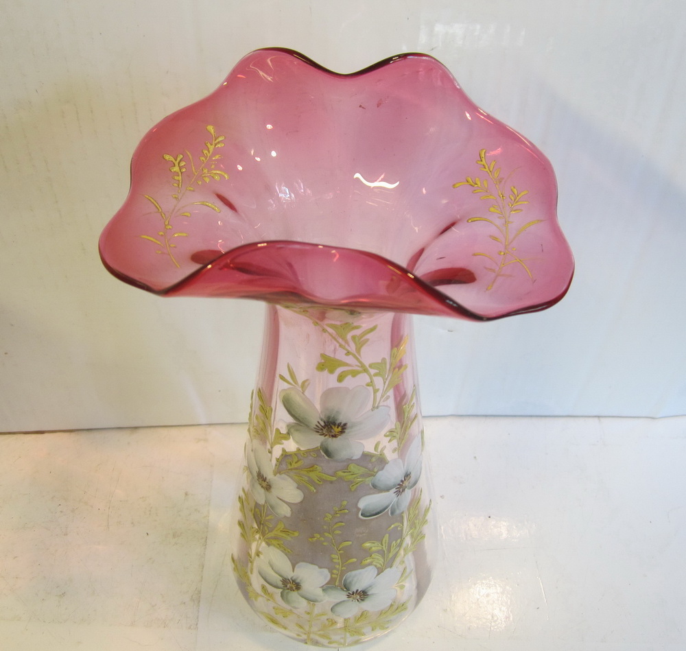 antique art nouveau glass Legras vase with enameled decor of flowers. ca 1910