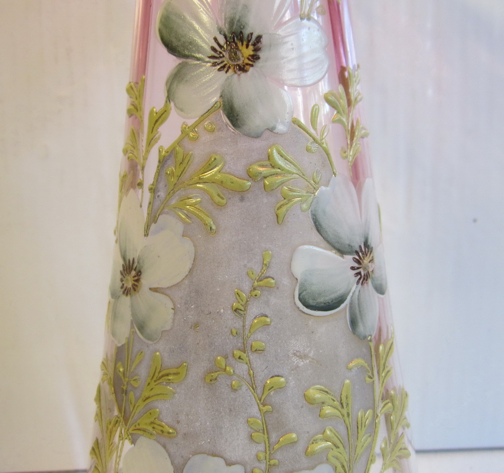 antique art nouveau glass Legras vase with enameled decor of flowers. ca 1910