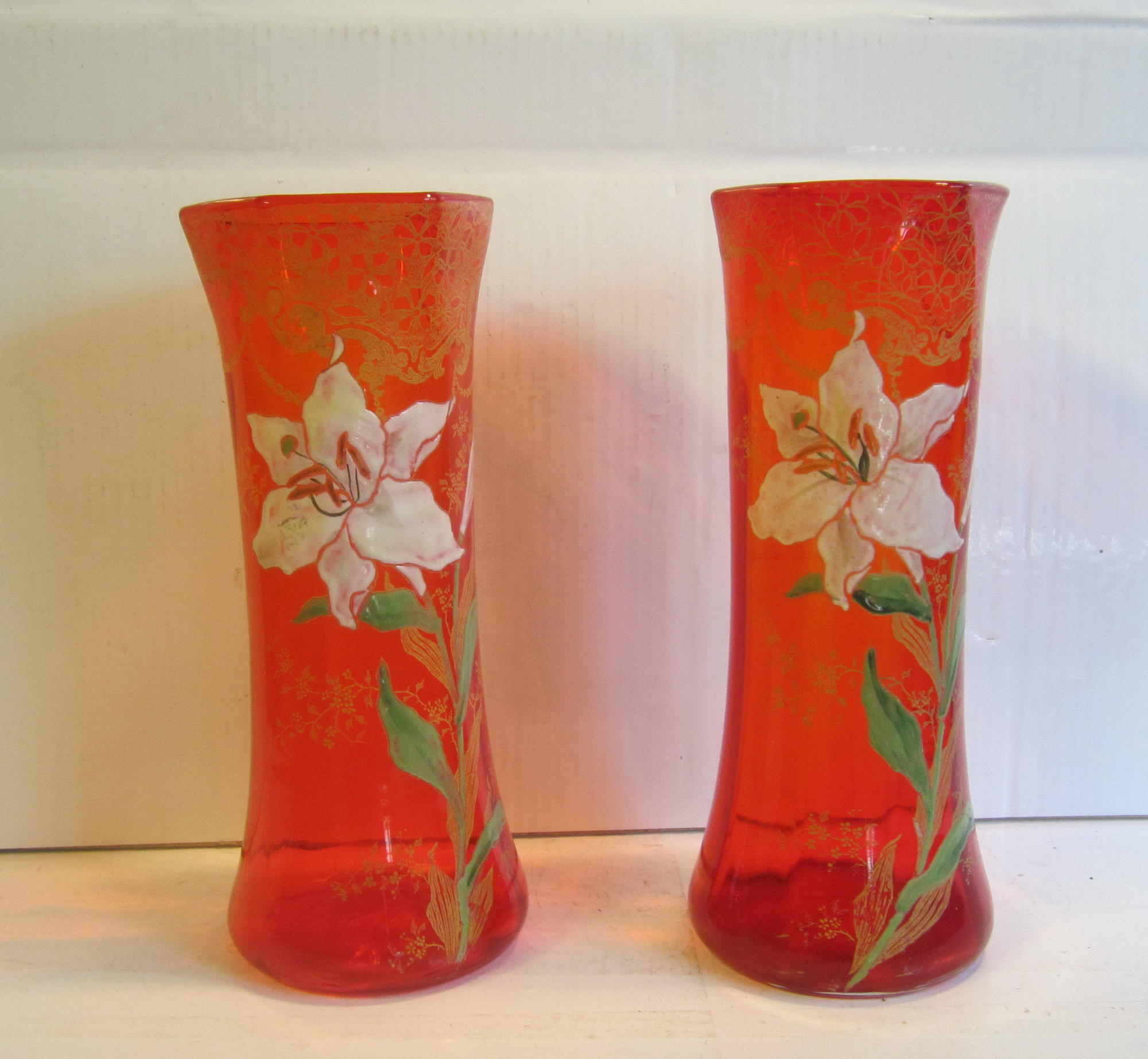Pair of antique  Legras vases with enamel flowers. H 28 cm. ca 1910