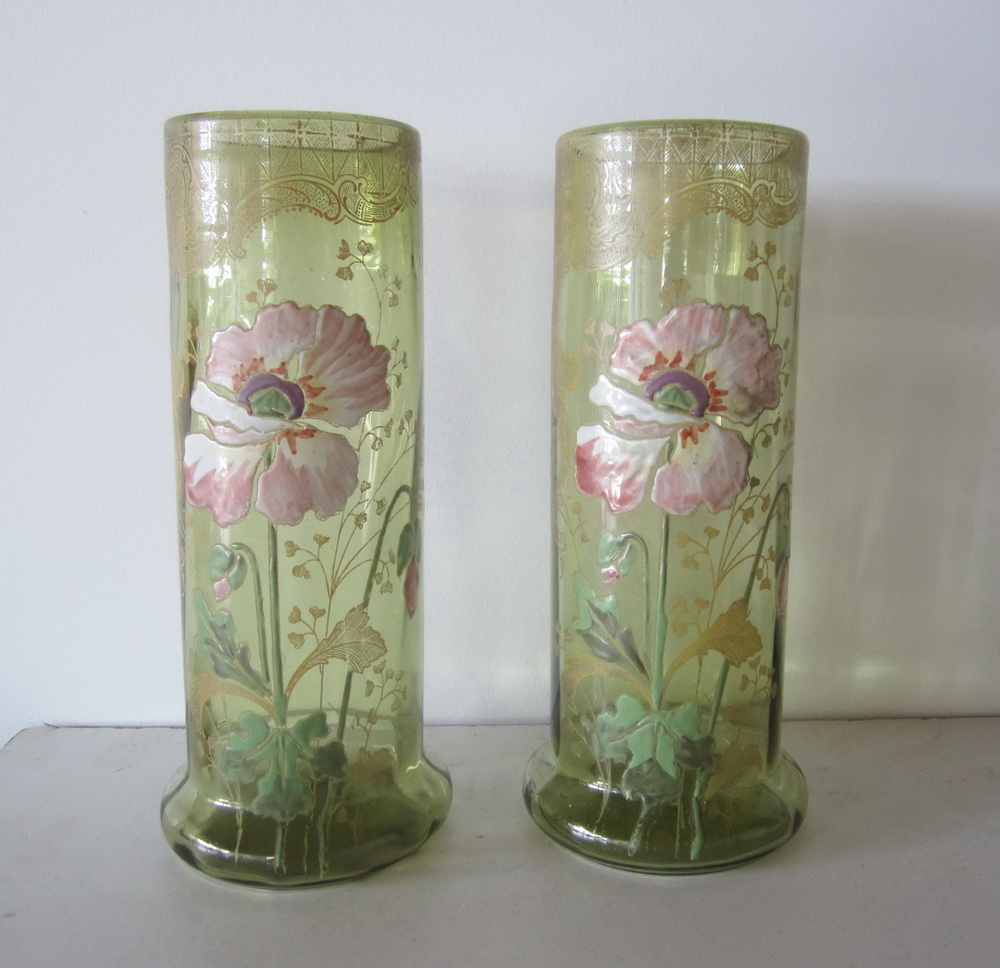 Pair of antique  Legras vases with enamel flowers. H 28 cm. ca 1910