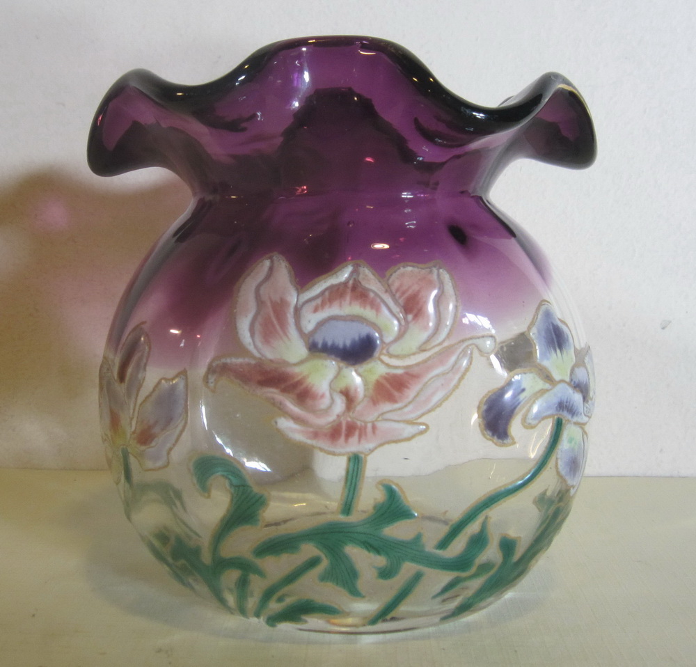 art nouveau Montjoye / Legras rose bowl vase with thick enamelling of flowers. Ca 1910.