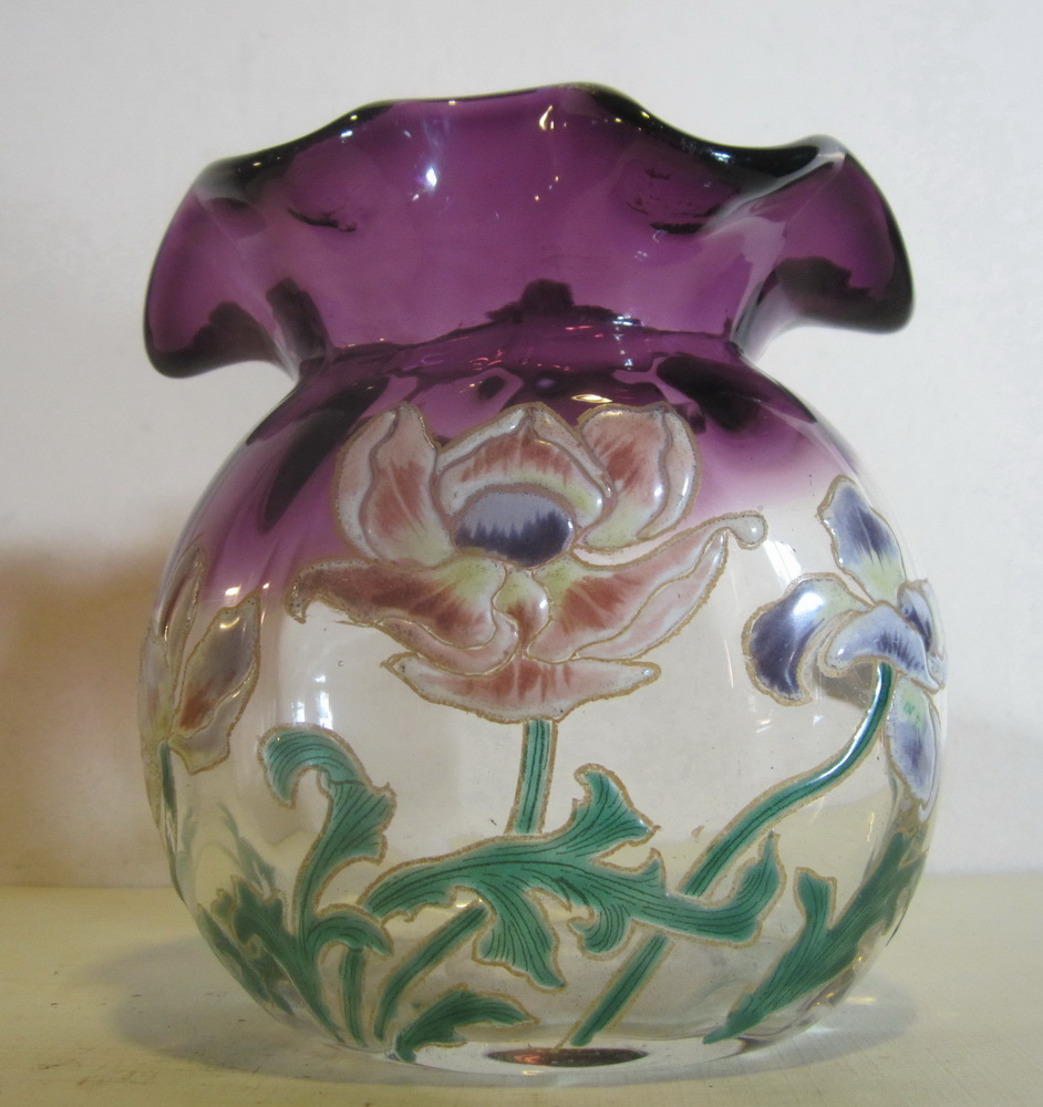 art nouveau Montjoye / Legras rose bowl vase with thick enamelling of flowers. Ca 1910.