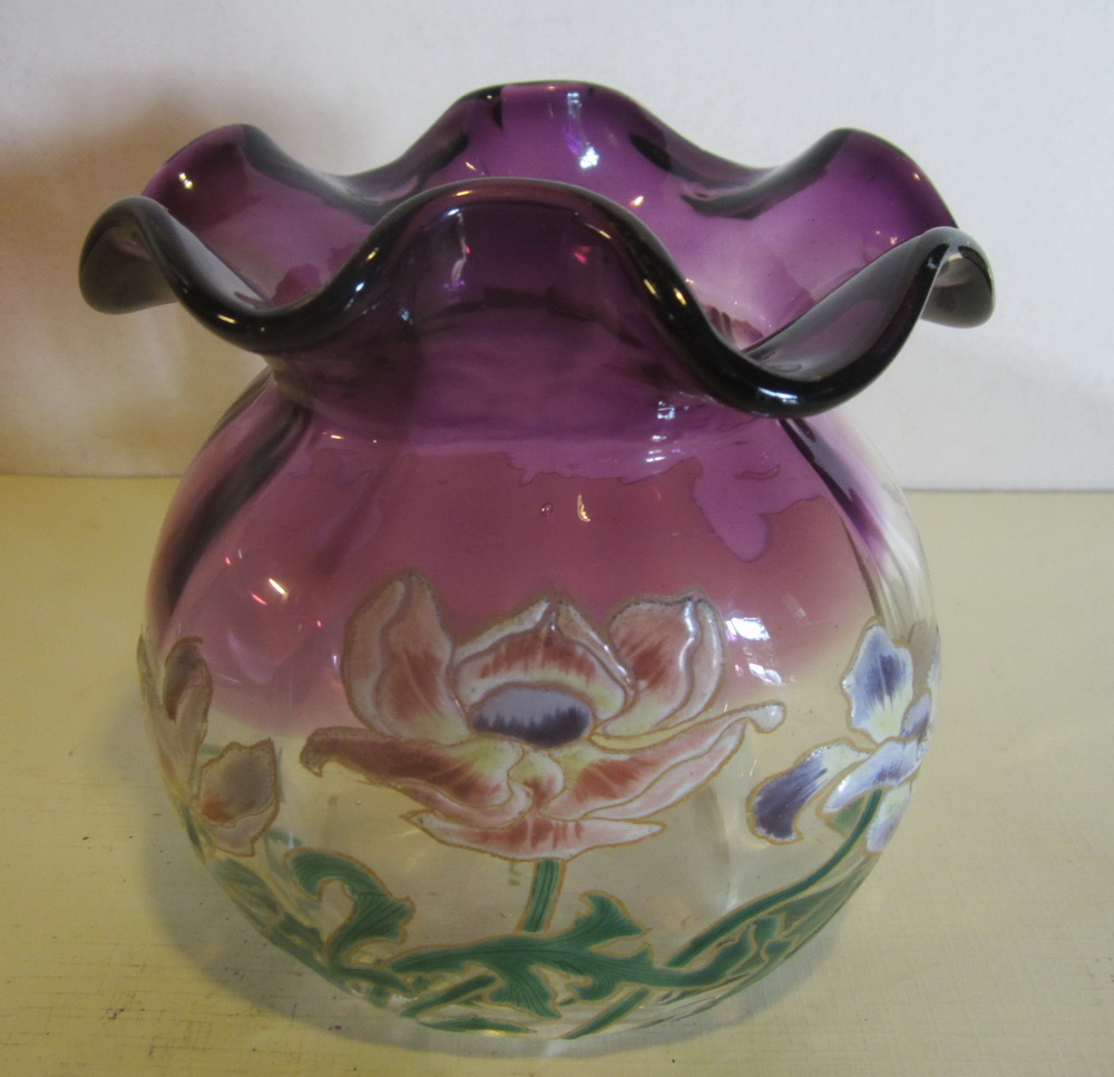 art nouveau Montjoye / Legras rose bowl vase with thick enamelling of flowers. Ca 1910.