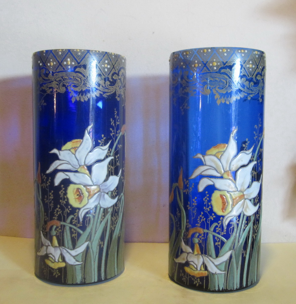 pair of antique Legras blue glass vases with enamel decor of daffodils