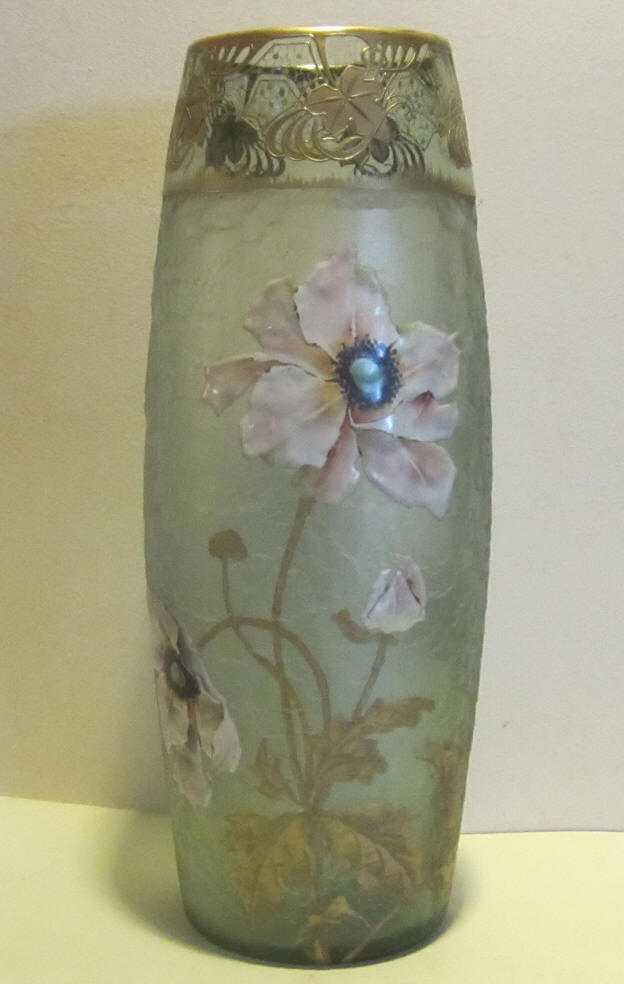 Big antique art nouveau MontJoye, Legras St Denis glass vase with enamel pattern of anemones