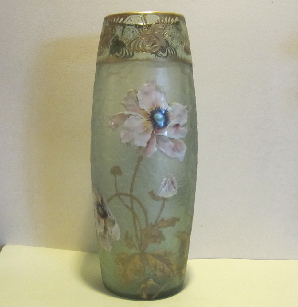 Big antique art nouveau MontJoye, Legras St Denis glass vase with enamel pattern of anemones