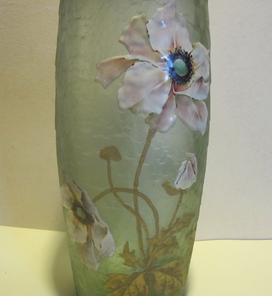 Big antique art nouveau MontJoye, Legras St Denis glass vase with enamel pattern of anemones