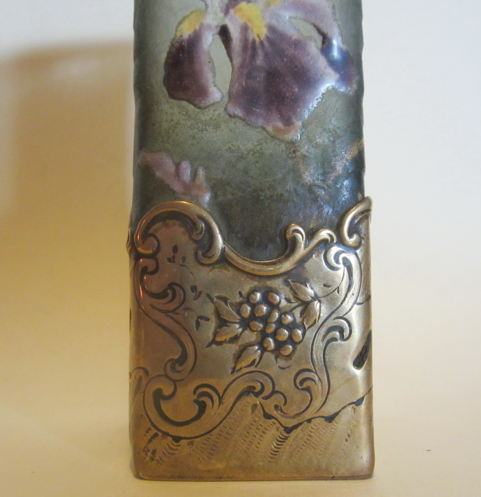 rare antique art nouveau MontJoye glass vase in gilt bronze holder